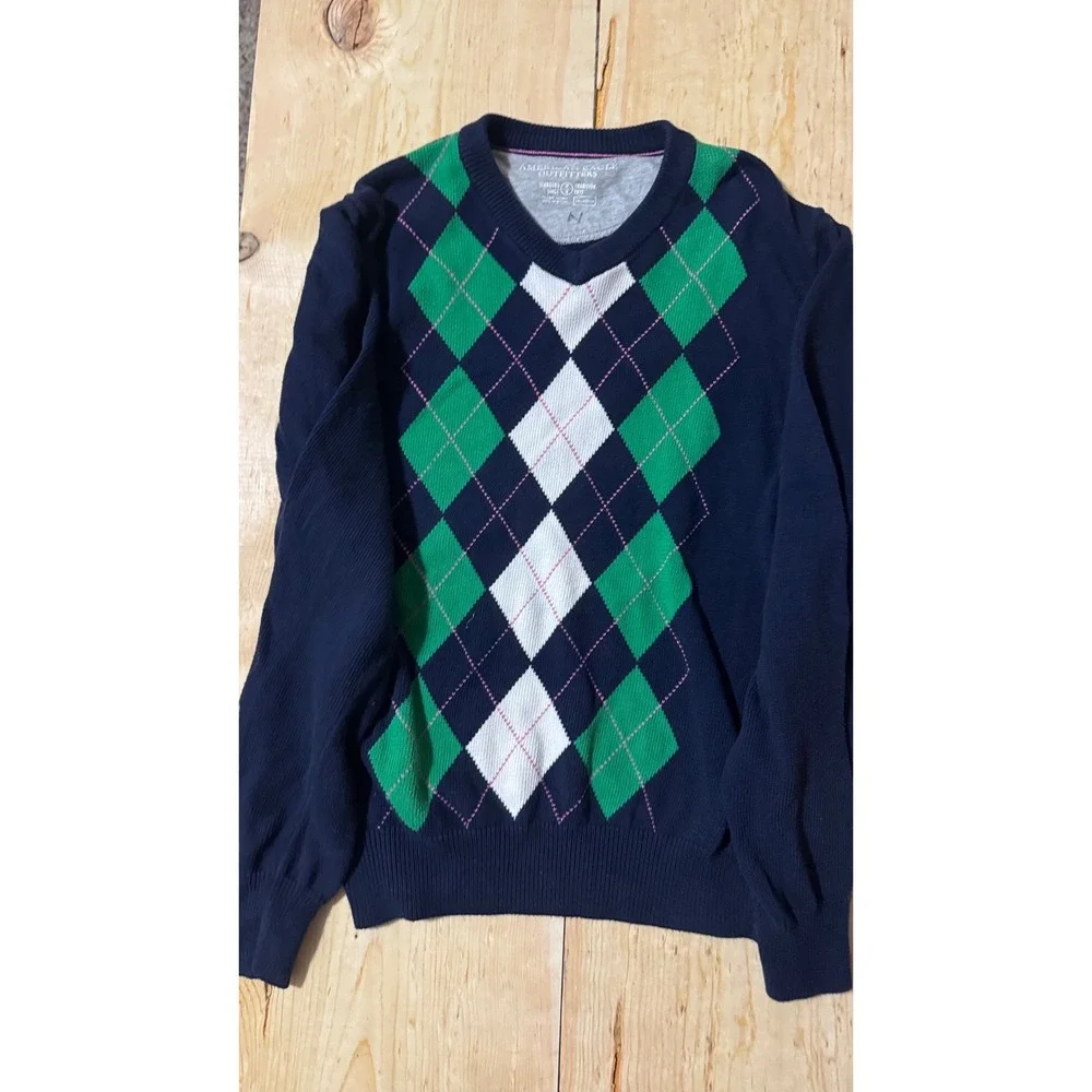 American‎ Eagle Outfitters Navy Blue Argyle V-Neck Cotton Sweater Womens Medium